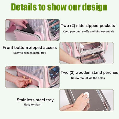 Parrot Carrier Backpack with Front Zipper Opening, Bird Travel Carrier Cage with Standing Perches and Metal Tray, Breathable Portable Transport Bag for Parakeet, Budgie, Conure, Cockatiel, Parrot