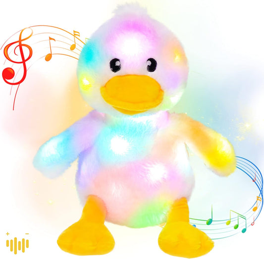 Hopearl LED Musical Stuffed Duck Lighting Up Singing Duckling Plush Toy Adjustable Volume Lullaby Animated Soothe Birthday Gifts for Kids Toddler Girls, White, 11''