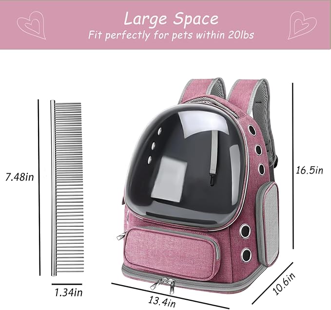 Cat Carrier with Groomer, Breathable Cat Bubble Carrier for Cats or Small Dogs up to 20 lbs, Collapsible Airline Approved, Clear Cat Travel Backpack (Pink)
