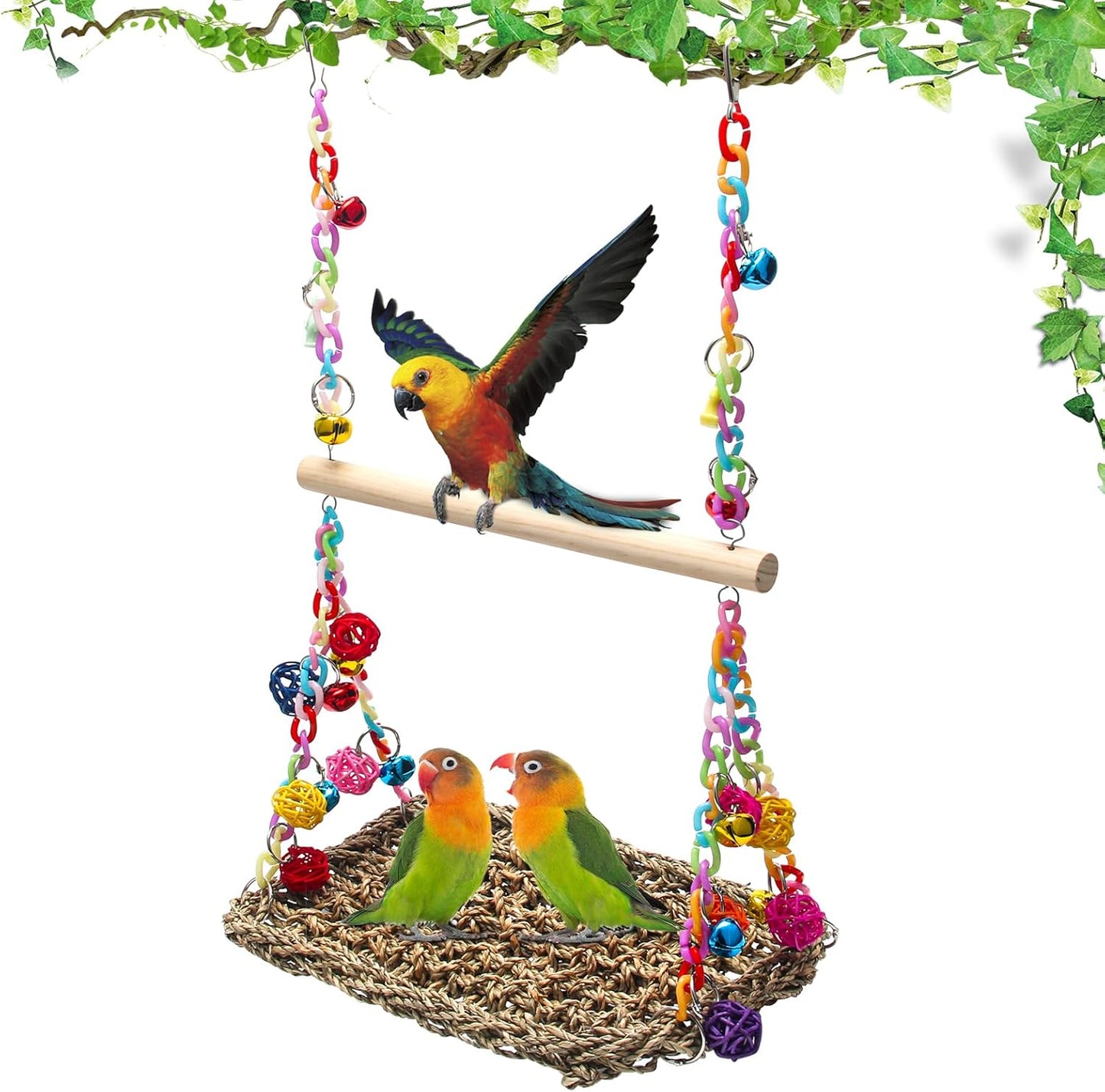 Bird Swing Mat with Wood Perch, AHIER Seagrass Bird Hammock for Conures with Chewing Toy for Parakeets, Budgie, Cockatiel, Lovebird Cage Accessories