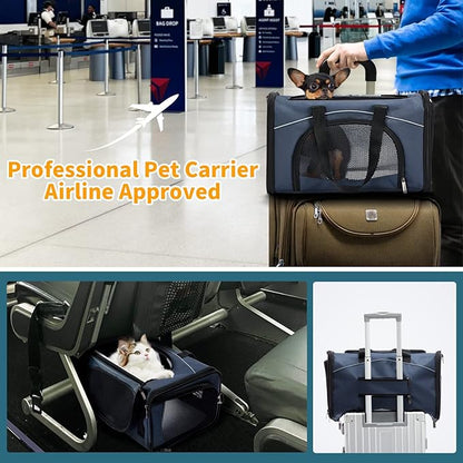 ‌Petsfit Airline Approved Pet Carrier for Small Cats, 15x8x10 TSA Approved Carrier, with Removable Dual-Sided Padding (2-Way Placement) - Fits Under Most Airplane Seats, Escape Proof (Navy)