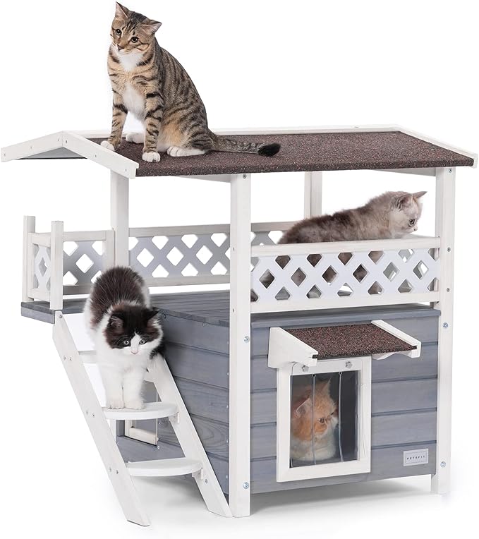 Petsfit Outdoor Cat House Weatherproof, Wooden Outside Feral Cat Shelter with Stair, 2 Story Cat Houses for Indoor Cats Small Dogs with Escape Door(Gray)