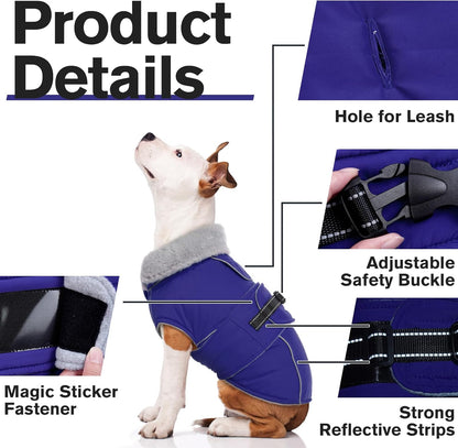 Lelepet Warm Dog Winter Coat Waterproof Dog Jacket with Adjustable Buckle & Leash Hole Reflective Pet Fleece Snowsuit Turtleneck Windproof Cold Weather Coats, Blue, XXL