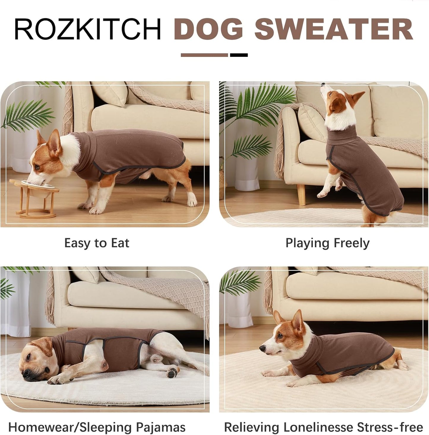 ROZKITCH Dog Fleece Sweater, Pet Windproof Warm Cold Weather Jacket Vest Cozy Jumpsuit Apparel Outfit Clothes for Walking Hiking Travel Sleep Brown L