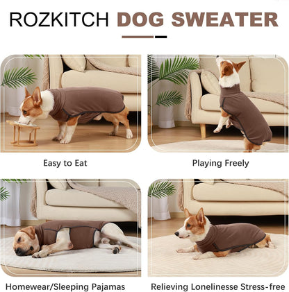ROZKITCH Thick Dog Sweaters for Small Dogs Male, Pet Windproof Warm Cold Weather Jacket Vest Cozy Jumpsuit Apparel Outfit Clothes for Walking Hiking Travel Sleep Brown S