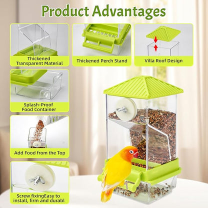 Rypet No Mess Automatic Bird Feeder for Cage,Transparent Acrylic Parrot Seed Feeders,Food Container for Cage,Parrot Feeder Cage Accessories for Small and Medium Lovebirds Parakeets Cockatiel Finch