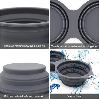SLSON Collapsible Dog Bowls,Integrated Molding Dog Double Bowl No Plastic Rim 2 in 1 Foldable Pet Food & Water Bowl Cat Feeder Dish for Walking,Hiking,Camping (Dark Grey)