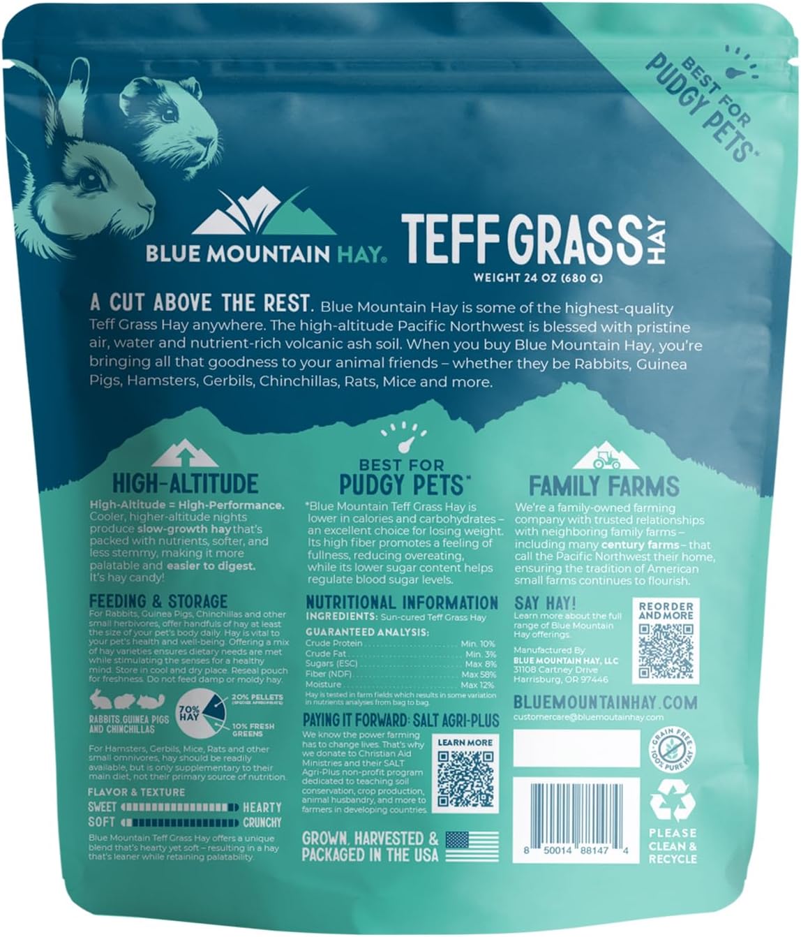 Blue Mountain Hay | Fresh Teff Grass Hay (24 Ounce) | Low NSC, High Fiber, Healthy Weight Management | High-Altitude Hay Pet Food for Rabbits, Guinea Pigs, Chinchillas, Hamsters, and Other Small Pets
