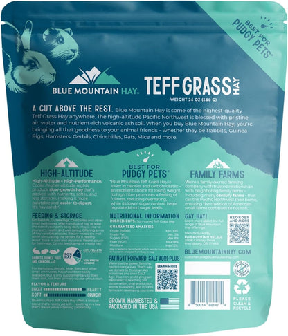 Blue Mountain Hay | Fresh Teff Grass Hay (24 Ounce) | Low NSC, High Fiber, Healthy Weight Management | High-Altitude Hay Pet Food for Rabbits, Guinea Pigs, Chinchillas, Hamsters, and Other Small Pets