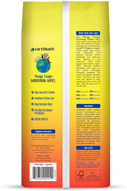 earthbath, Mango Tango Grooming Wipes - Dog Wipes for Paws and Butt, Best Pet Wipes for Dogs & Cats, Made in USA, Cruelty-Free Dog Cleaning Wipes, Removes Dirt & Dander - 100 Count (1 Pack)