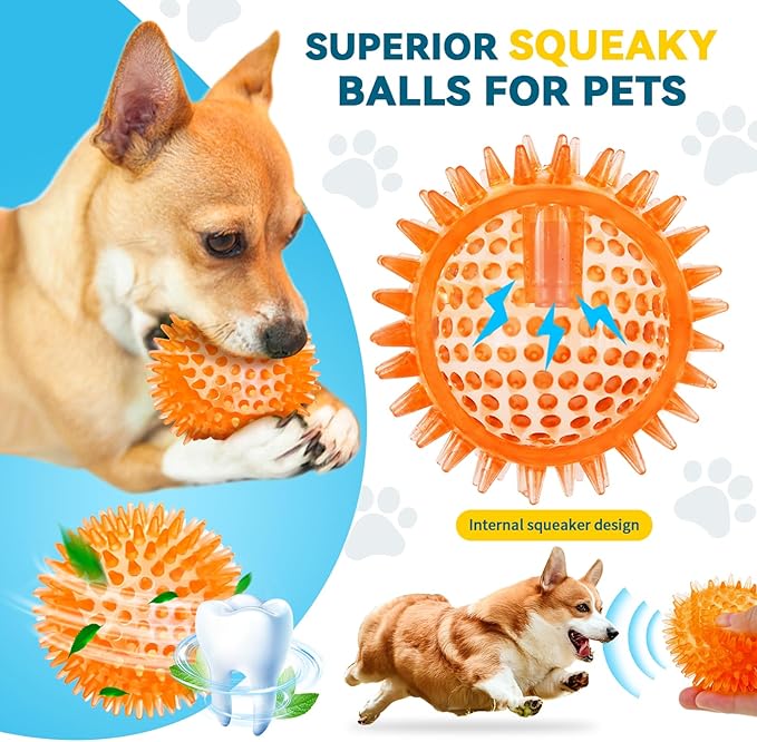SHARLOVY 3'' Squeaky Balls for Small Dogs, 4 Colors Spiky Dog Balls for Puppy Teething, Durable Puppy Chew Toys for Teething, Indestructible Toys to Fetch and Train, BPA Free Non-Toxic