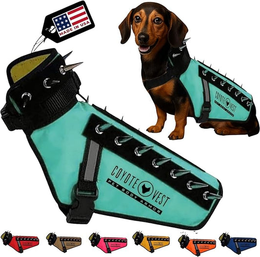 CoyoteVest Dog Harness Protection Vest, Reflective Dog Accessories with Spikes to Shield Your Pet from Raptor and Animal Attacks, Proudly Made in America (XX-Small, Turquoise)