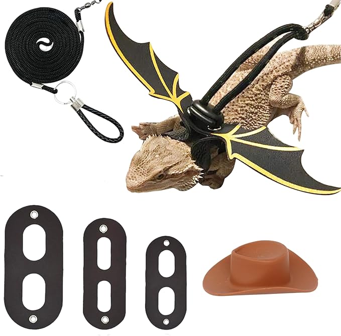 Bearded Dragon Leash Harness Set with Wings and a Hat, Reptile Leash Collar for Lizard, Leopard Gecko and Other Small Animal Pets, Outdoor Play
