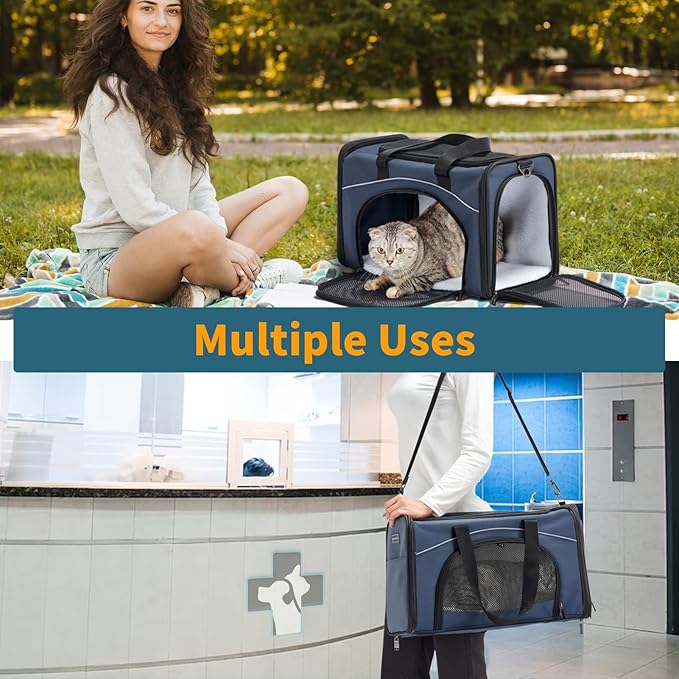 ‌Petsfit Airline Approved Pet Carrier for Small Cats, 15x8x10 TSA Approved Carrier, with Removable Dual-Sided Padding (2-Way Placement) - Fits Under Most Airplane Seats, Escape Proof (Navy)