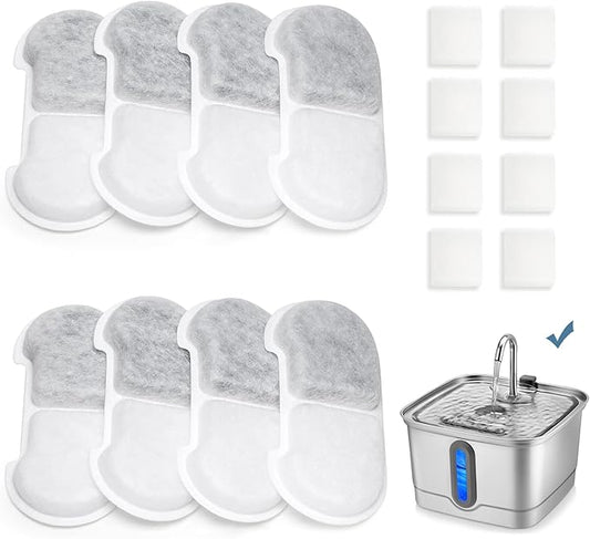 Official 8 Packs Cat Water Fountain Replacement Filters & Pre-Filter Sponges for 101oz/3L Stainless Steel Cat Water Fountain