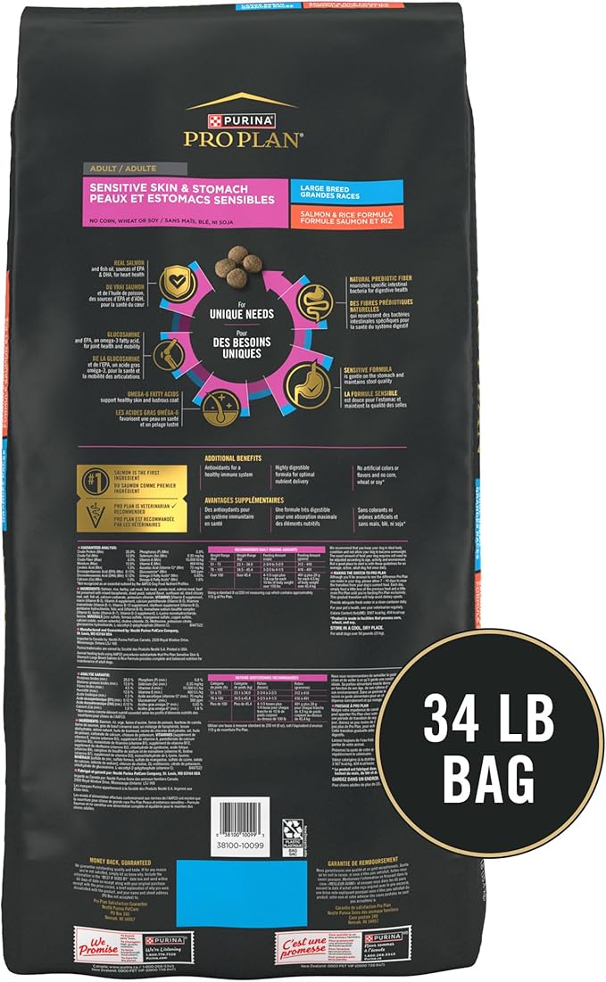 Purina Pro Plan Sensitive Skin and Stomach Dog Food Large Breed Salmon and Rice Formula - 34 lb. Bag