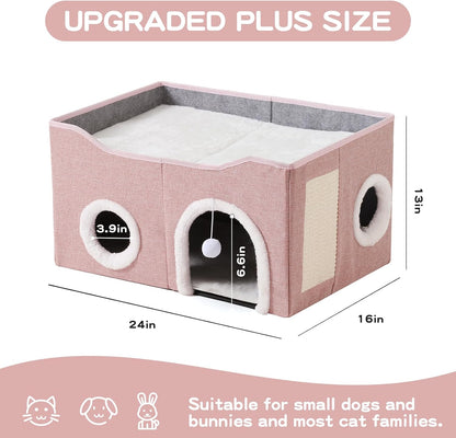 Large Cat Bed for Indoor Cats, Extra Wide Cat Cave House with Scratch Pad and Fluffy Ball, Foldable Cat Hideaway for Kitten Bed, Cat Condo for Cats (Pink, X-Large)