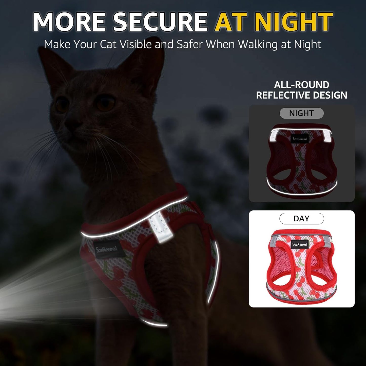 SCENEREAL Cat Harness & Leash Set Escape Proof - Adjustable Air Mesh Vest with Reflective Strips for Kittens, Puppies, Rabbits, Cherry S