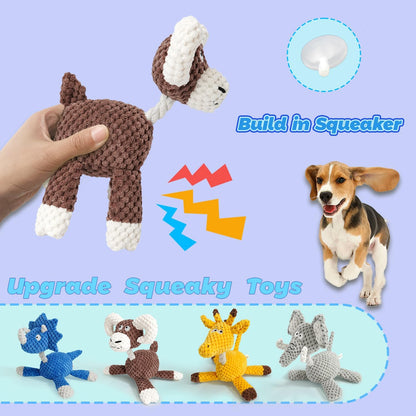 4-Pack Squeaky Dog Toys Set Plush Dog Toy with Rope for Small Medium Dogs Bundle Dog Chew Toys; Giraffe, Elephant, Cow and Dinosaur Interactive Dog Toy Stuffed Animals Toys to Keep Them Busy
