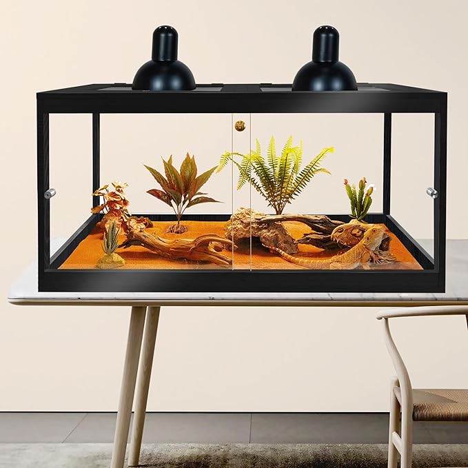 PROLEE Bearded Dragon Tank,61 Gallon Reptile Tank with Meatl Mesh Roof and Front Sliding Door, Anti-Scratch Lizard Tank,Spacious Reptile Enclosure for Snakes,Lguanas, Chameleons (Black)