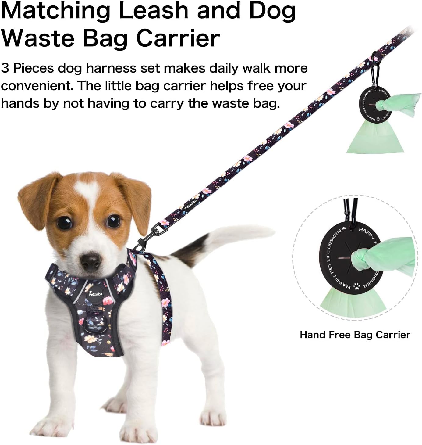 Petmolico Dog Harness for Small Dogs, Cute Harness Vest with Two Leash Clips and Soft Handle, Reflective Easy Walk Puppy Vest - Black Peach, Small