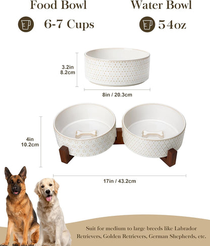 MALACASA Dog Bowl Set with Walnut Wood Stand, 6 Cups Ceramic Pet Bowls for Puppy Dogs, Dual Food and Water Bowls with Non-Slip Base, Basic Bowls for Your Dog, Five-Leaf Grass & Honeycomb