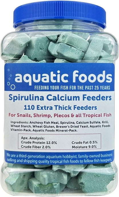 Aquatic Foods Inc. Spirulina Enriched Calcium Feeders for Shrimp, Snails, Crabs, Crayfish, Pleco, Catfish, All Tropical Fish…110 Count Med Jar