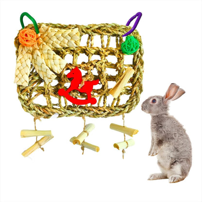 Rabbits Chew Toy,Bunny Cage Hanging Chew Toys and Treats,Grass with Sweet Bamboo for Guinea Pigs Chinchillas Hamsters Rats
