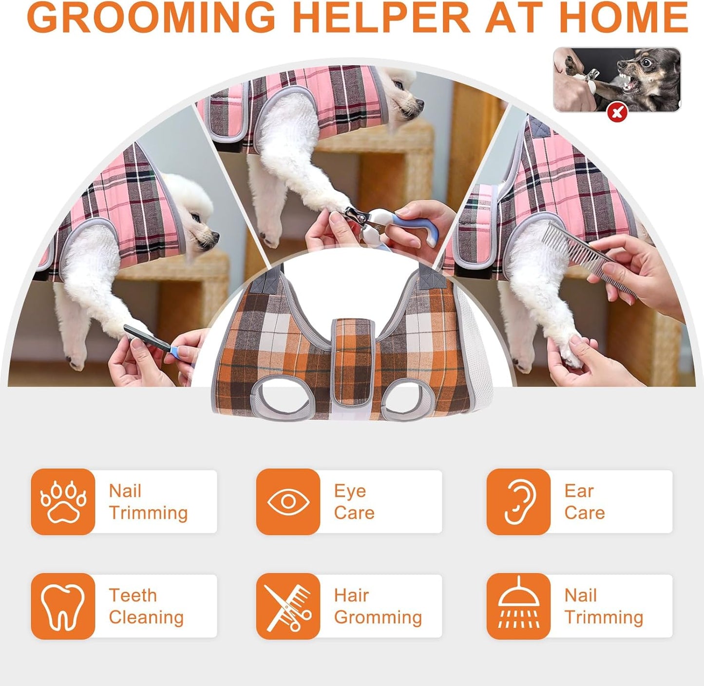 BEAUTYZOO Dog Grooming Hammock Harness for Nail Trimming - Adjustable Pet Restraint Sling for Small Medium Large Dogs/Cats - Secure Hanging Holder for Nail Clipping & Grooming (Orange Thanksgiving)