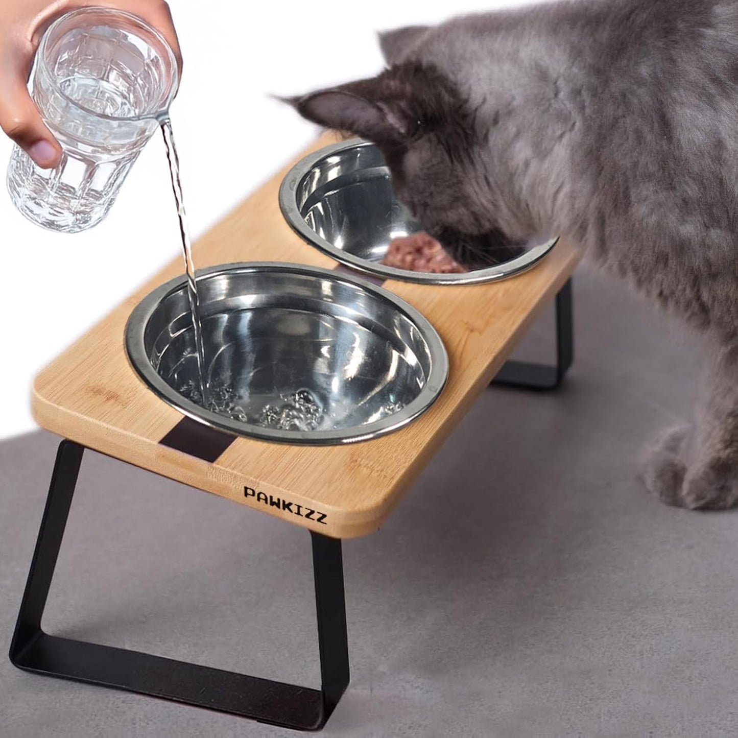 Elevated Cat Bowl Stand for Food and Water – Anti-Vomit Raised Feeding Station with Tilted Stand – Removable Stainless Steel Bowls, Anti Slip Bamboo Base, Dishes for Cats, Kitten, Small Dogs & Puppies