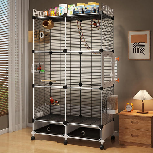 Large Parrot Cage with Acrylic Doors, 4 Casters, Perch & Feeder, Detachable Drawer, Ideal for Cockatiels, Budgies, Conures, Indoor/Outdoor Use – Spacious White Birdcage(Black,72 * 36 * 142)