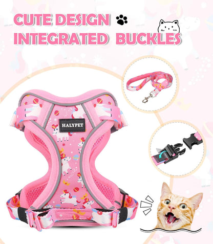 Halypet Cat Harness and Leash Set[MAX Safety 4th-Gen] Cute Escape Proof Vest Harness for Girl&Boy Cat Walking, Comfortable Adjustable Leash and Reflective Strips for Outdoor Kitten, S Pink Unicorn