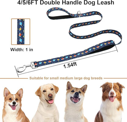 5ft Dog Leash with Two Padded Handles, Heavy Duty Strong Nylon Pet Leash with Soft Neoprene Handle for Small Medium Large Dogs, Blue Space