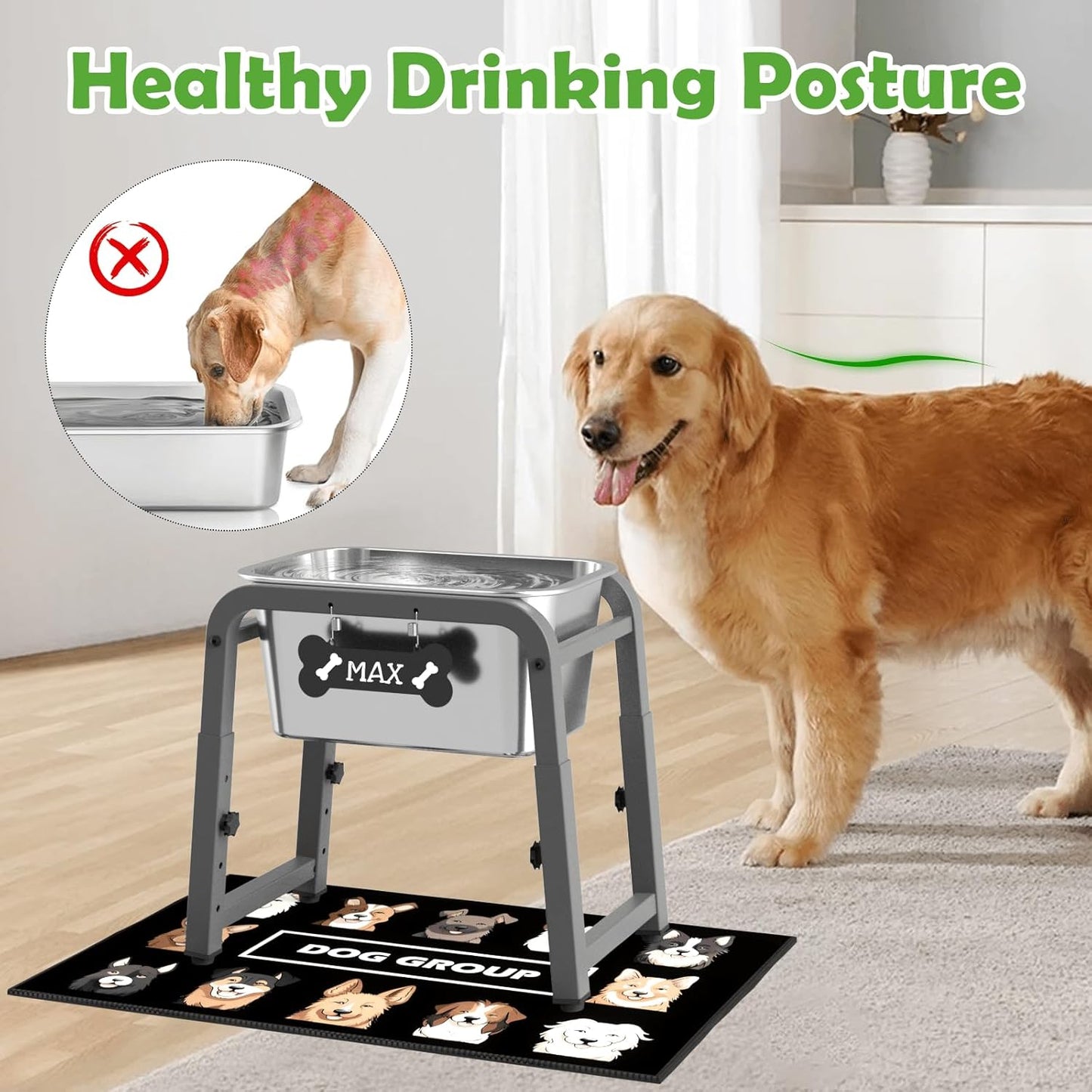 1.85 Gallon Elevated Dog Water Bowl, Height Adjustable (11–17'') Raised Stainless Steel Bowl with Spill-Proof Mat & Sturdy Metal Stand, Tip-Proof, Easy to Clean, Indoor & Outdoor Use