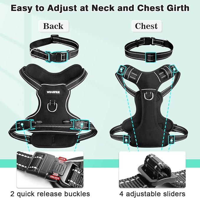 WINSEE Dog/Pet Harnesses No Pull with Dog Collar, Adjustable Reflective Oxford Outdoor Vest, Front/Back Leash Clips for Small, Medium, Large, Extra Large Dogs, Easy Control Handle for Walking