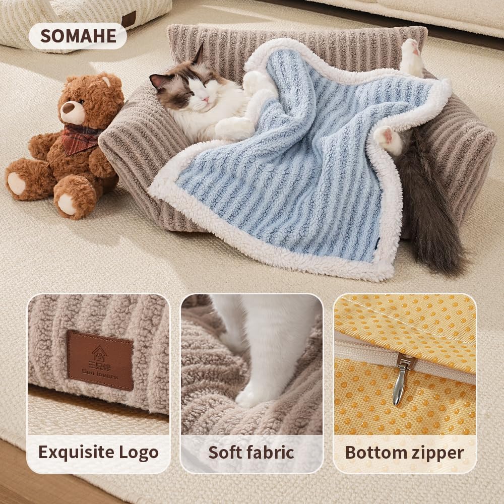 Cozy Couch for Cats Fluffy Pet Sofa with Premium Soft Fleece Fuzzy Cat Beds for Indoor Cat with Removable Washable Cover Supportive Pet Bed 24×18inch Coffee