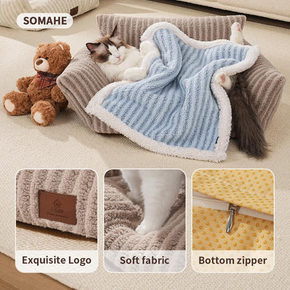 Cozy Couch for Cats Fluffy Pet Sofa with Premium Soft Fleece Fuzzy Cat Beds for Indoor Cat with Removable Washable Cover Supportive Pet Bed 24×18inch Coffee