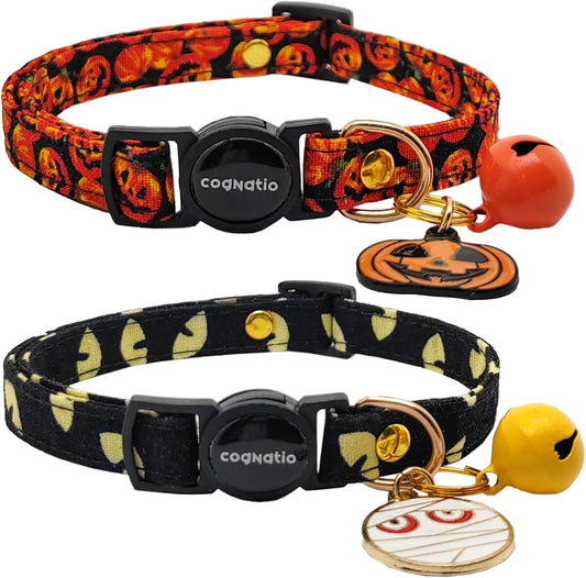 2 Pack Cotton Breakaway cat Collars with Bell,Safety Quick Release Pendant Cute Kitten Collar,Adjustable 20-30cm (Halloween3, 20-30cm)