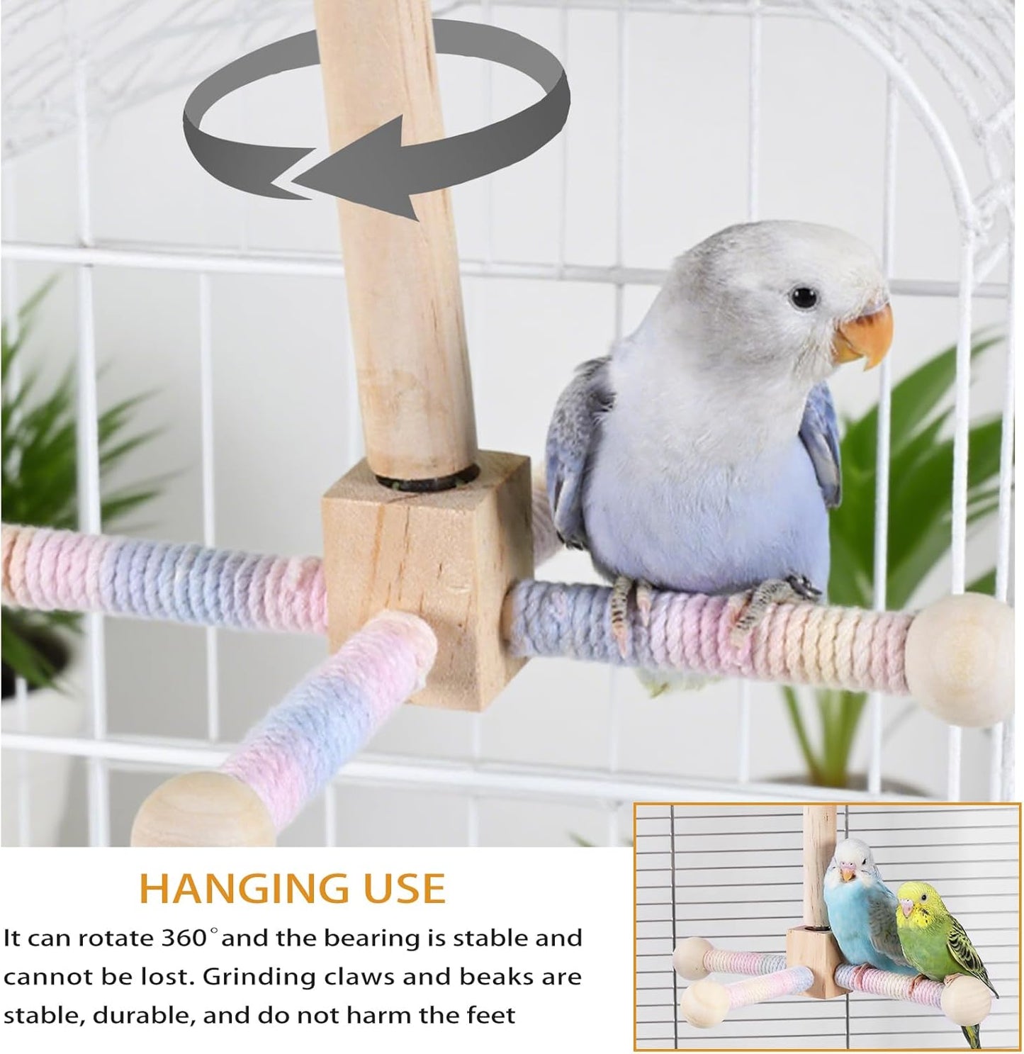 4-Piece Bird Toys for Parrots - 360° Rotating Wooden Perches for Cages, Interactive Bird Cage Accessories with Swing & Ladder, Suitable for Small-Medium Parrots, Parakeets, Cockatiels