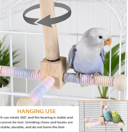 4-Piece Bird Toys for Parrots - 360° Rotating Wooden Perches for Cages, Interactive Bird Cage Accessories with Swing & Ladder, Suitable for Small-Medium Parrots, Parakeets, Cockatiels