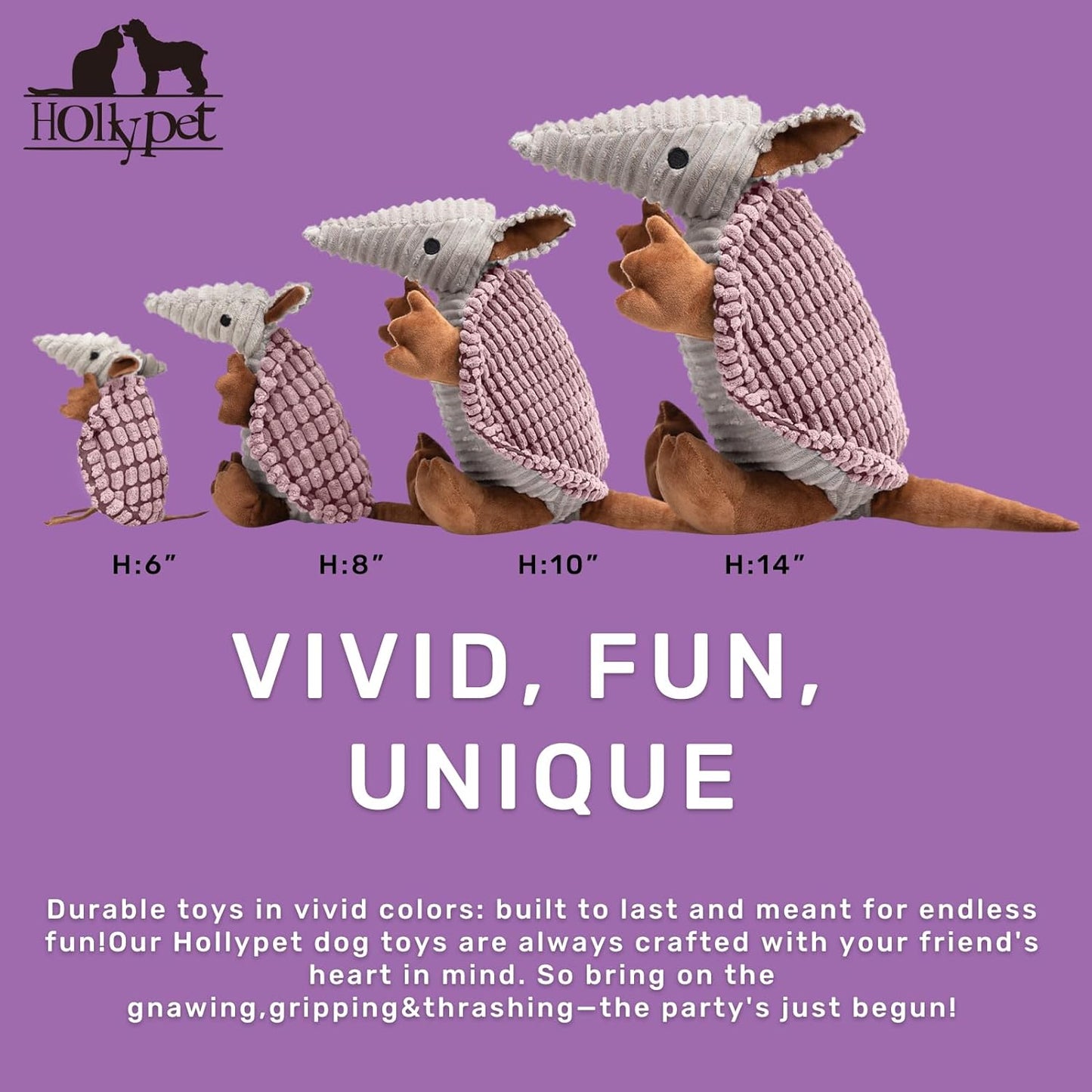 Hollypet Plush Dog Squeaky Toy Stuffed Armadillo Animal Pet Puppy Chew Toys with Clean Teeth for Small Medium Large All Breed Sizes Dogs, Pink, 14 in