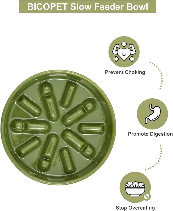 Ceramic Maze Dog Slow Feeder with Non-Slip Silicone Rim – Heavy-Duty Stoneware Bowl with Puzzle Pattern for Bloating & Obesity Prevention (Green-S)