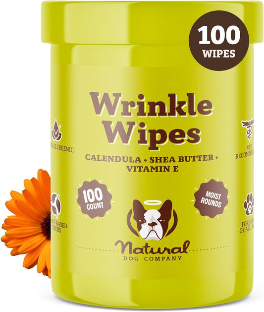 Natural Dog Company Wrinkle Wipes for Dogs, 100 Count, Hypoallergenic Dog Wipes, Wrinkle Wipes French Bulldog, Cleaning & Deodorizing, Dog Wipes for Grooming Faces, Paws & Butts