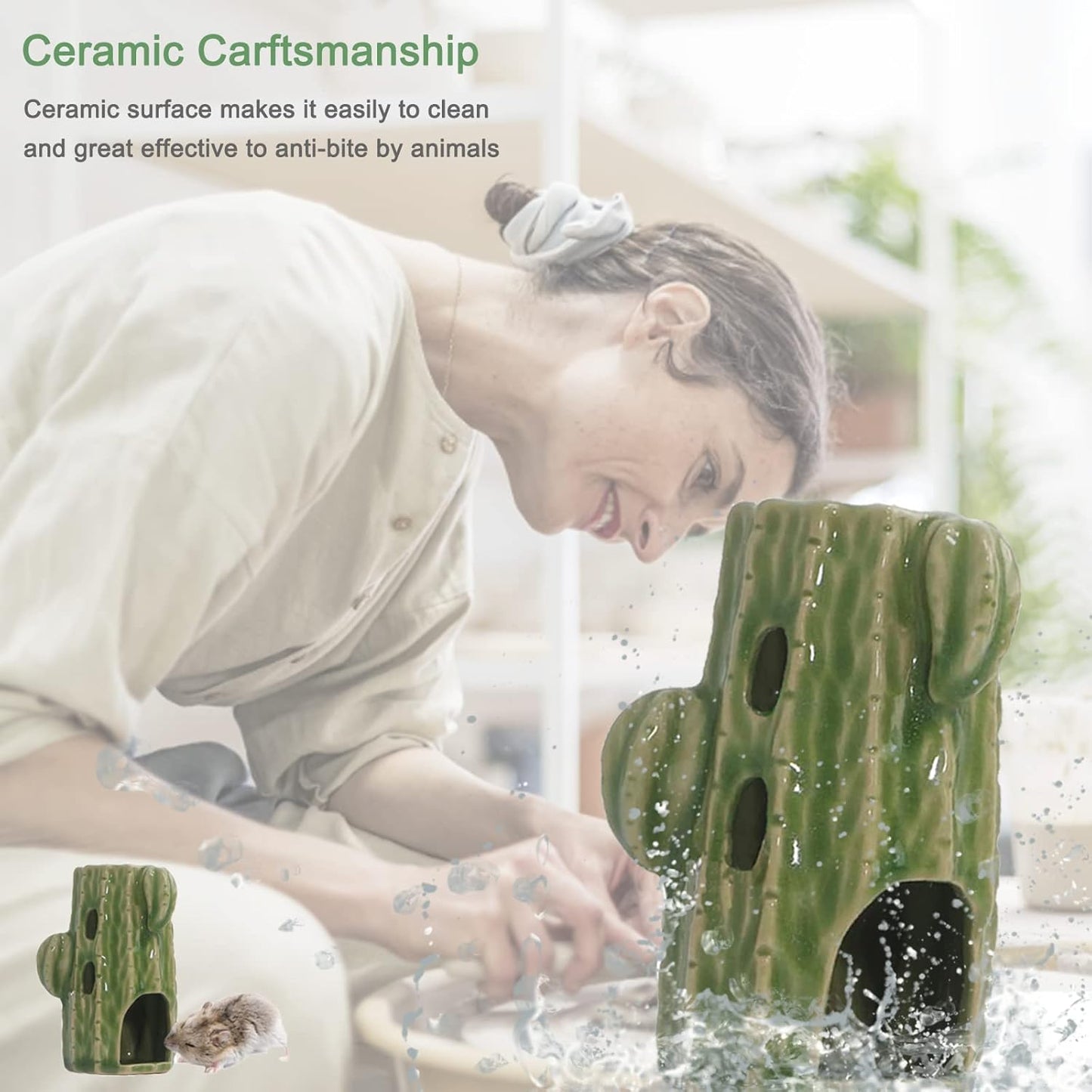 2-in-1 Adjustable Hamster Water Bottle for Glass Tank, 80ML Gerbil Water Bottle with Stand, No Drip Ceramic Holder for Dwarf Hamster, Mice, Rat (White)