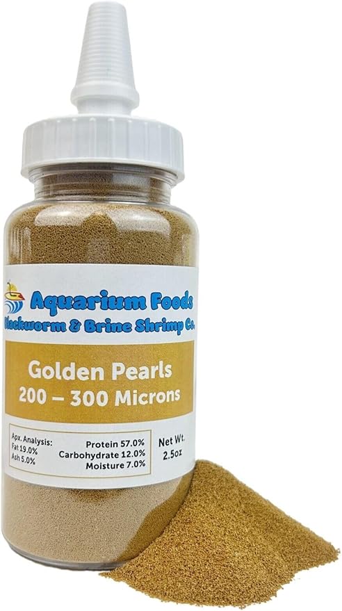 Aquatic Foods Inc. Golden Pearls 200-300 Microns for Tropical Fish Fry, Babies, Guppies, Tetras, Bettas, Nano Fish, for Corals, Anemones, Reef Tanks…2.5oz Squeeze Bottle