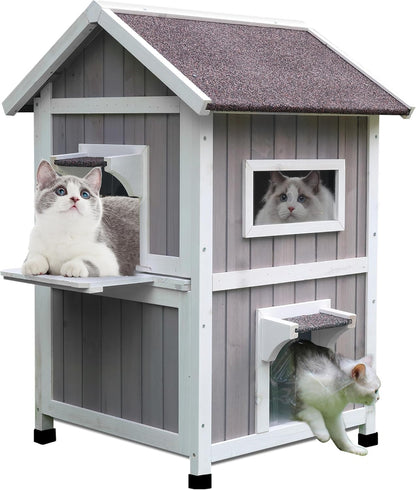 Rockever Outdoor Cat House, Large Outdoor Houses for Feral Cats Wooden Outside Cat Shelter Weatherproof with Escape Door