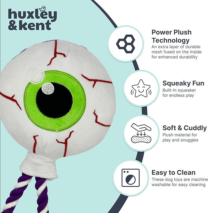 Huxley & Kent Halloween Funny Dog Toy w/Squeaker – Power Plush Squeaky Dog Toys for Small, Medium & Large Dogs – Soft Stuffed Animal for Indoor Play & Fetch - Eyeball Safety Pop, One Size
