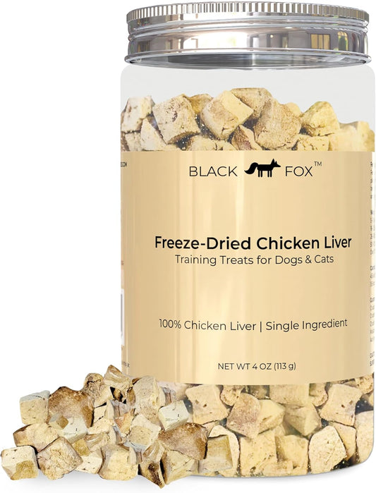BLACK FOX Freeze-Dried Chicken Liver Training Treats for Dogs and Cats | 270 Treats, 4oz Single Ingredient, Raw, Healthy, All Natural, Human Grade, Recyclable Packaging