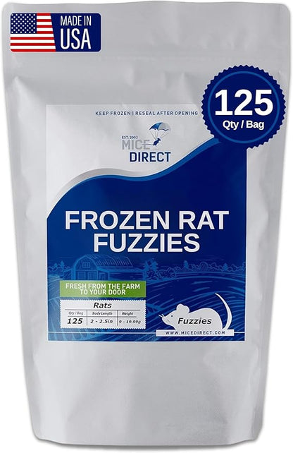 MiceDirect 125 Frozen Rat Fuzzies Feeders Snake Food for Adult Corn Snakes Ball Pythons (2-2.5 in)(Pack of 125)(1125 Grams Min)