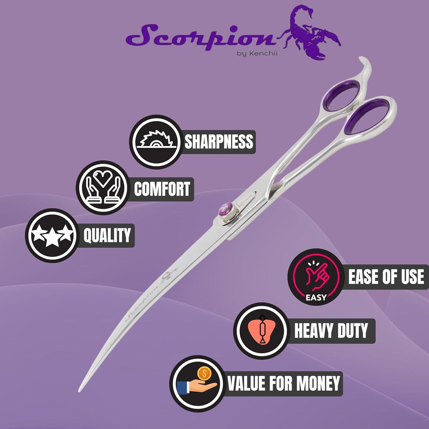 Kenchii Scorpion Dog Grooming Scissors, 9 Inch Curved Shears, Dog Scissors for Grooming, Professional Pet Grooming Scissors, Heavy Duty, Durable and Sharp
